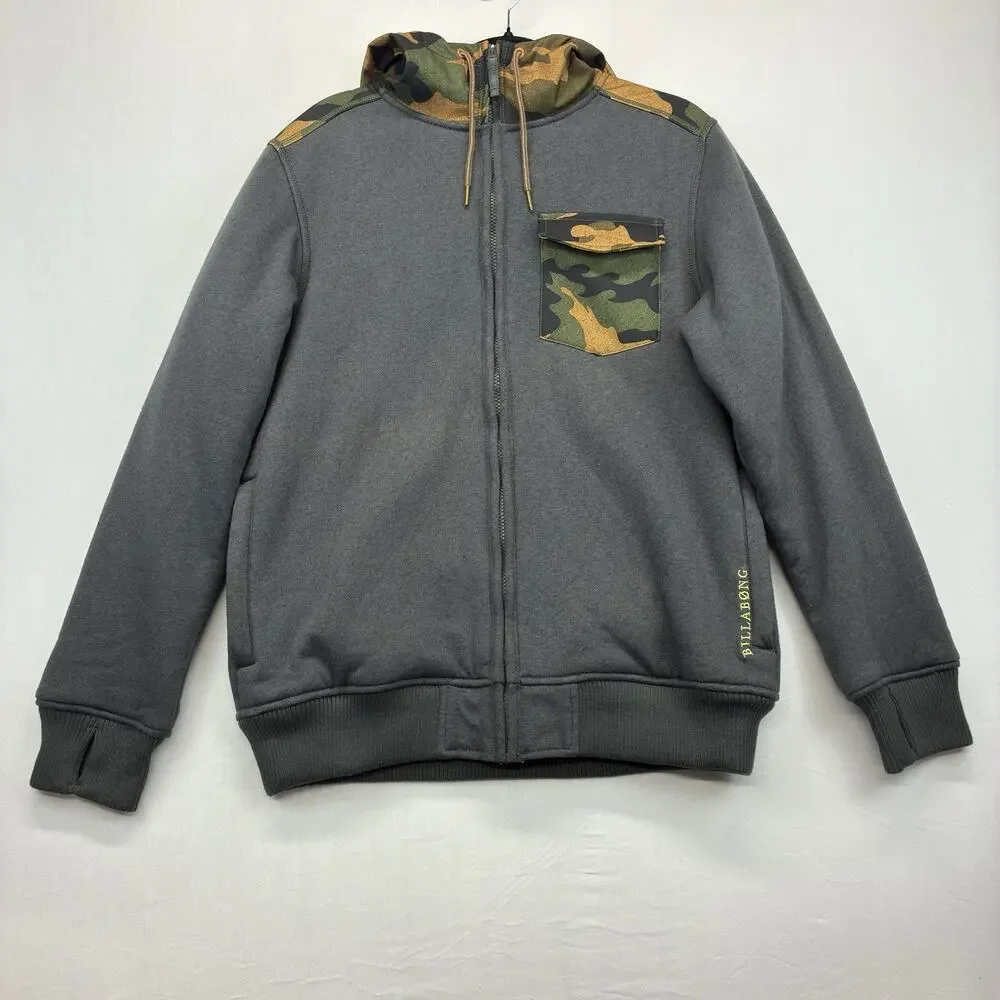 Billabong Men’s Small Fleece Jacket Gray Camo Hooded Full Zip Outdoor